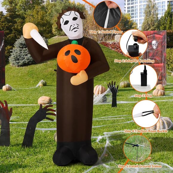 6FT Scary Pumpkin Killer Halloween Blow Up Inflatable Decorations with LED Light - Picture 8 of 10